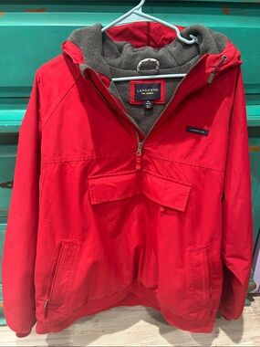 Lands' End Red Men’s Hooded Pullover Jacket lined with Gray Fleece.